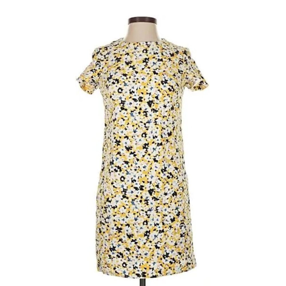 Ann Taylor Shift Midi Dress Yellow Floral Print Short Sleeve Size 14